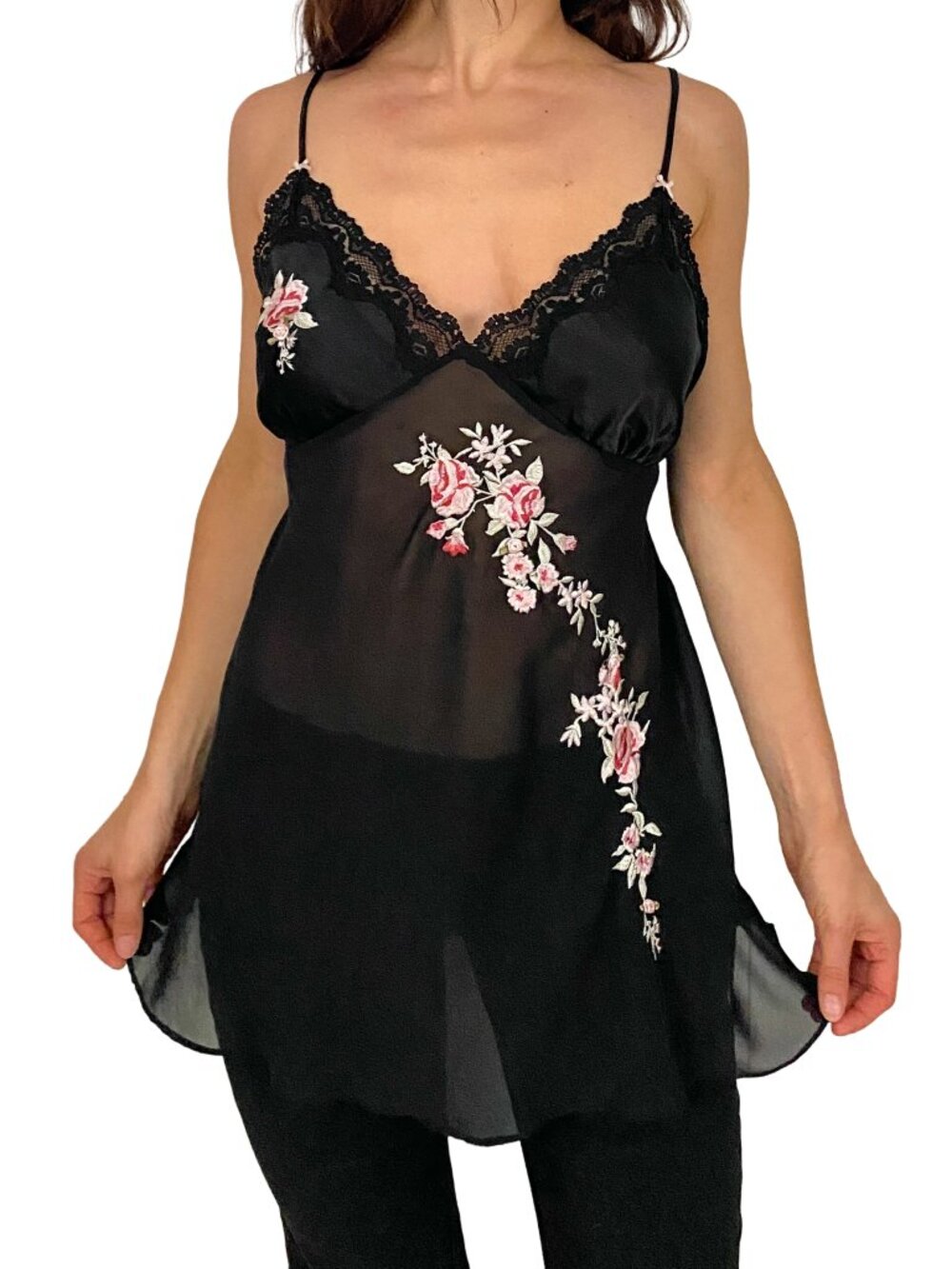 Vintage black satin and chiffon cami slip with floral embroidery